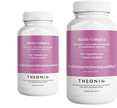 Two bottles of Theonia Biotin Complex, made with food-sourced biotin and labeled as suitable for vegetarians and vegans, each containing 60 capsules