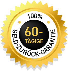 Gold badge with text stating ‘100% Money Back Guarantee – 60 Days’ in bold lettering