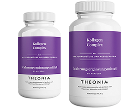 Two bottles of Theonia Collagen Complex food supplement with hyaluronic acid and sea kelp, each containing 60 capsules