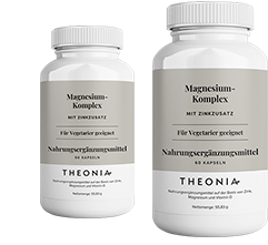 Two bottles of Theonia Magnesium Complex with added zinc, labeled as suitable for vegetarians, each containing 60 capsules