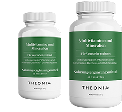 Two bottles of Theonia Multivitamins & Minerals food supplement, with added brewer’s yeast and rutin, labeled as suitable for vegetarians, each containing 60 tablets