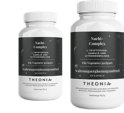 Two bottles of Theonia Night Time Complex with L-tryptophan, chamomile, and lemon balm, labeled as suitable for vegetarians, each containing 60 capsules