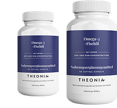 Two bottles of Theonia Omega 3 Fish Oil food supplement with high EPA and DHA concentration, each containing 60 softgels