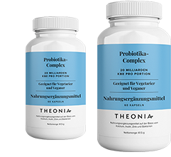 Two bottles of Theonia Probiotic Complex food supplement, containing 20 billion CFU per serving, labeled as suitable for vegetarians and vegans, each with 60 capsules