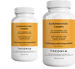Two bottles of Theonia Turmeric Extract Complex with vitamins and black pepper, labeled as suitable for vegetarians and vegans, each containing 60 capsules