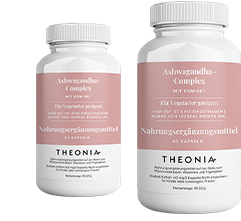 Two bottles of Theonia Ashwagandha Complex with KSM-66, labeled as suitable for vegetarians, each containing 60 capsules